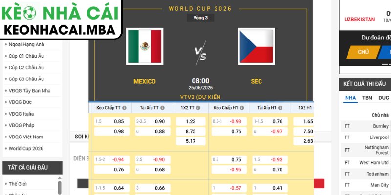 Kèo châu Á trận Mexico vs CH Séc (08:00 25/06, Bảng A - World Cup 2026)
