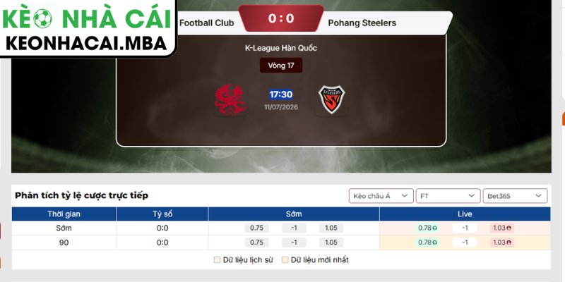 Kèo châu Á trận Gwangju Football Club vs Pohang Steelers (17:30 11/07, K League Hàn Quốc)